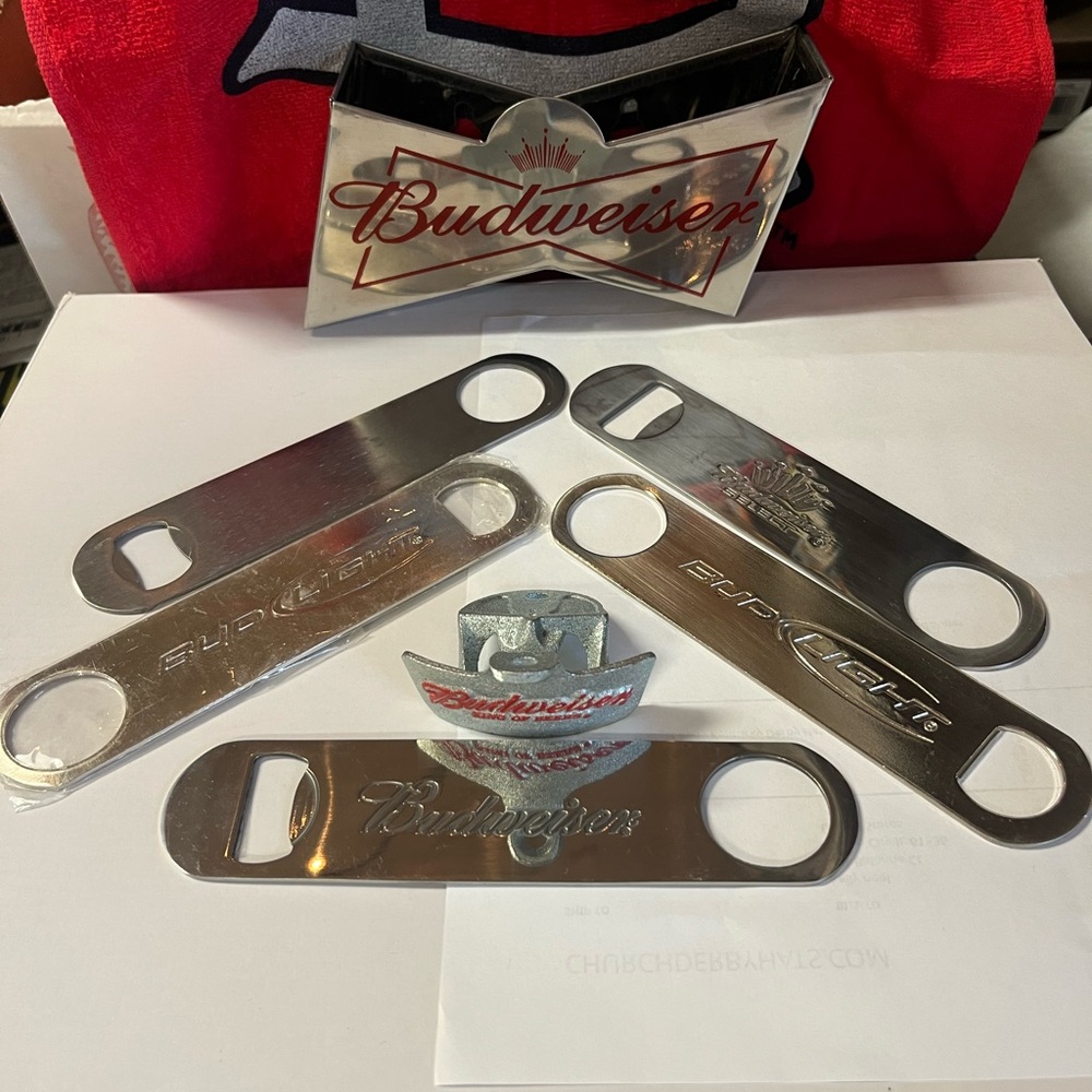 Vintage Budweiser Bowtie Cap Catcher W/ 5 Bar Key Openers and Wall Mount Opener